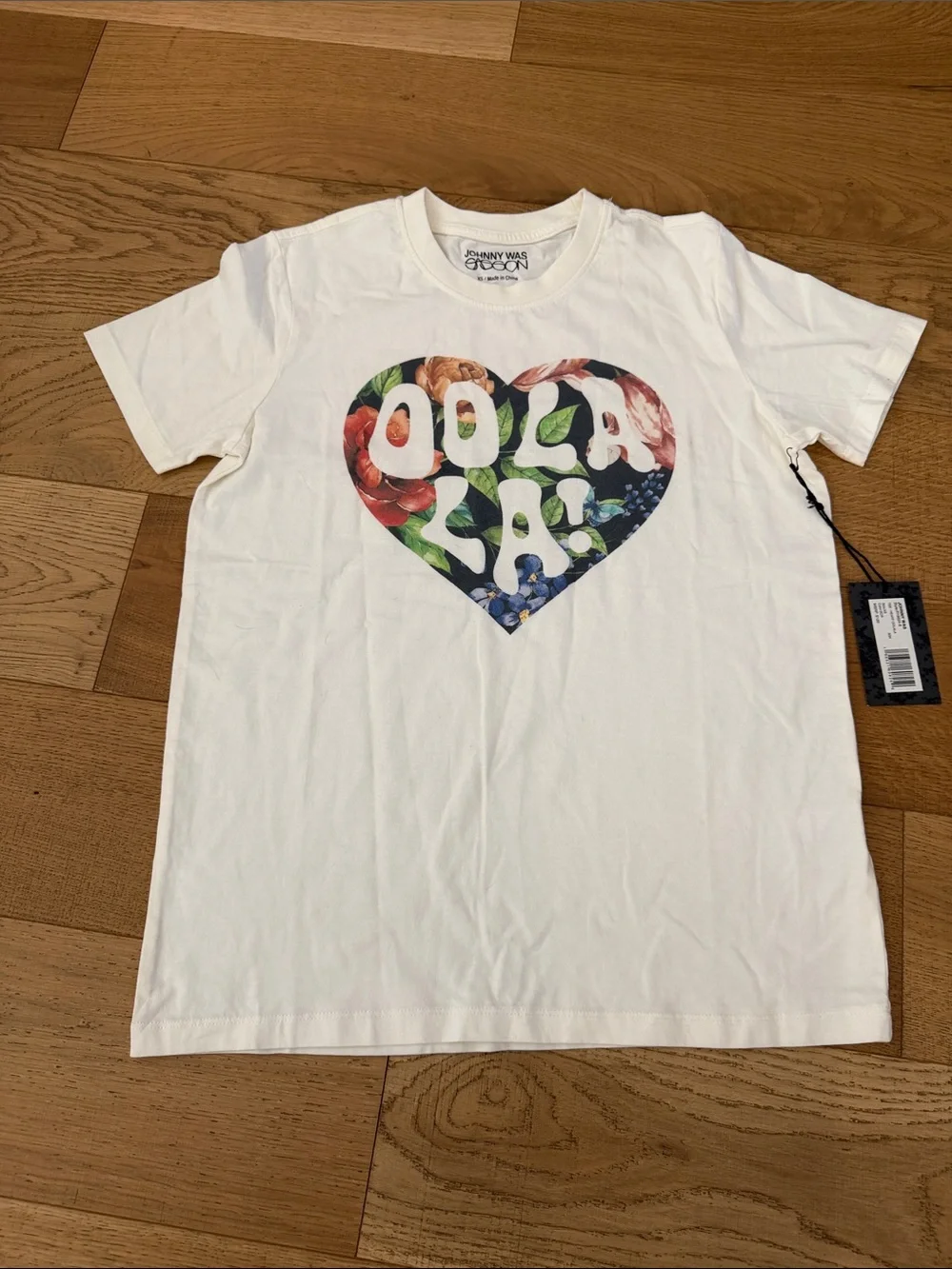 Johnny Was White Tee with Multicolor Floral Heart Logo